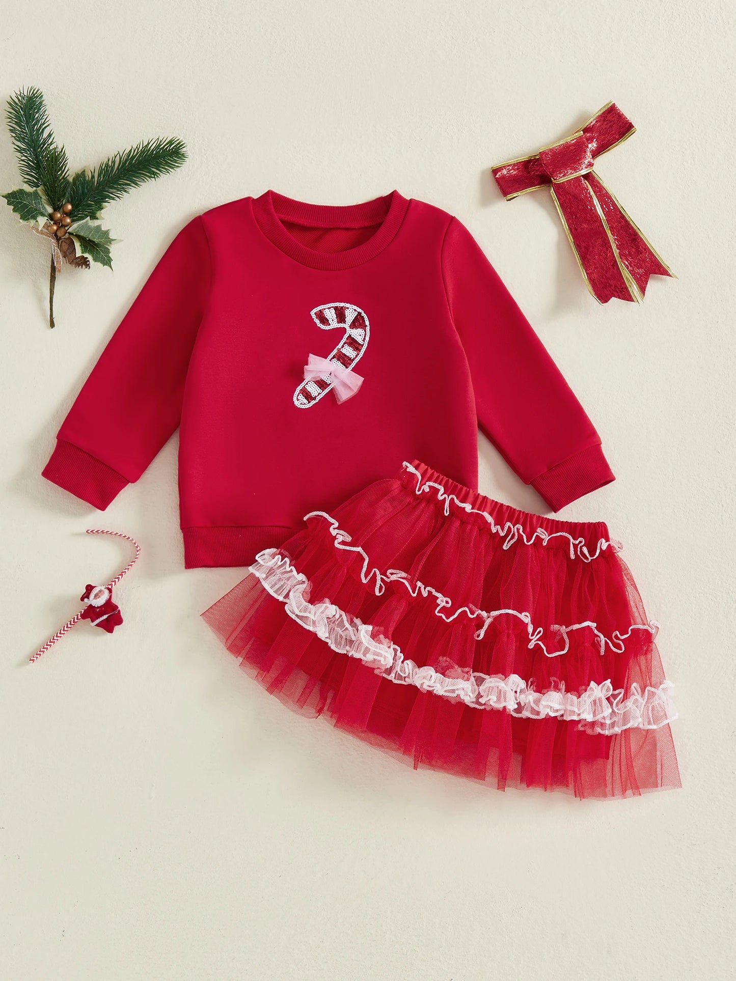 Kids Girls Christmas Outfit Set - Long Sleeve Xmas Embroidery Sweatshirt & Tulle Skirt (0-4Y)