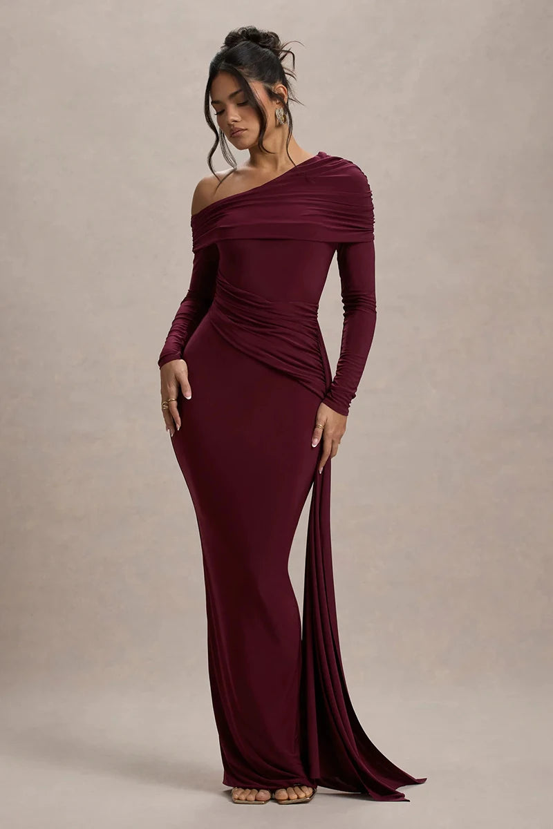 Women's Skew Collar Long Sleeve Maxi Backless Draped Ruched Bodycon Long Dress