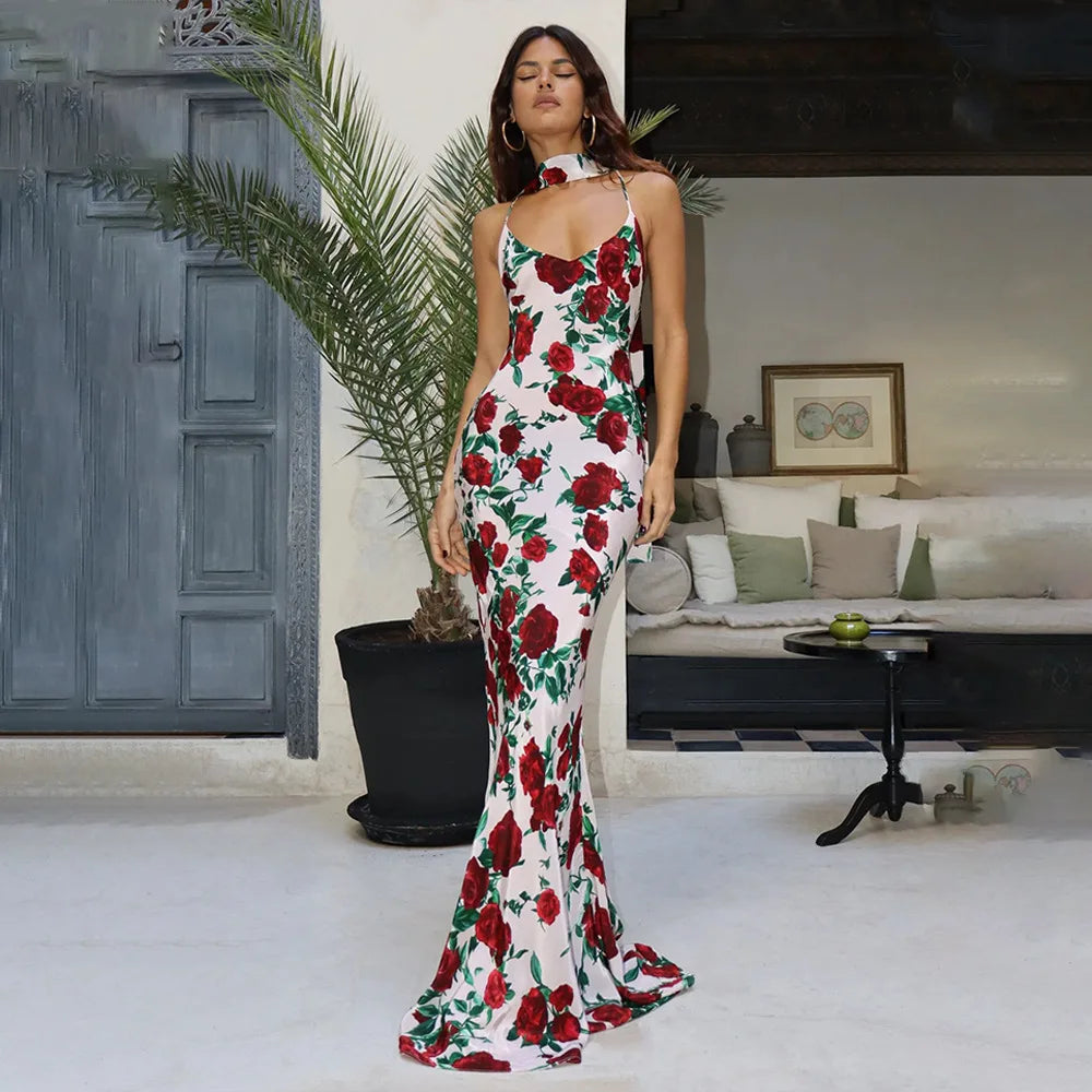 Women's Floral Print V Neck Scarf Draped Maxi Summer Backless Outfit Party Dress