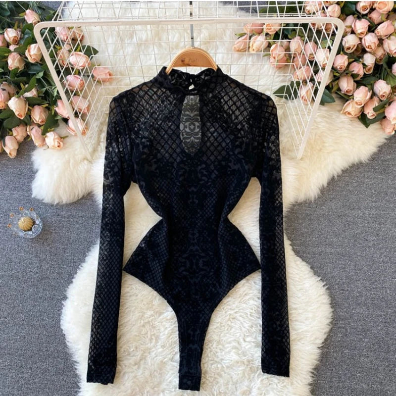 Women's Summer Chic Flocking Slim Backless Bodycon Bodysuit