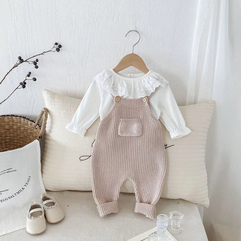 0-3Y Baby Boys Girls Overalls Jumpsuits Sleeveless Front Pocket Solid Colour Knitted Romper Outfit