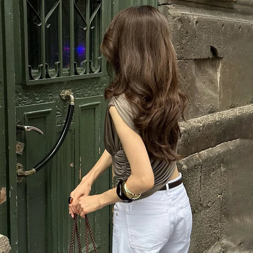 Women's Ruched Asymmetrical Sleeveless Top - Chic Summer T-Shirt