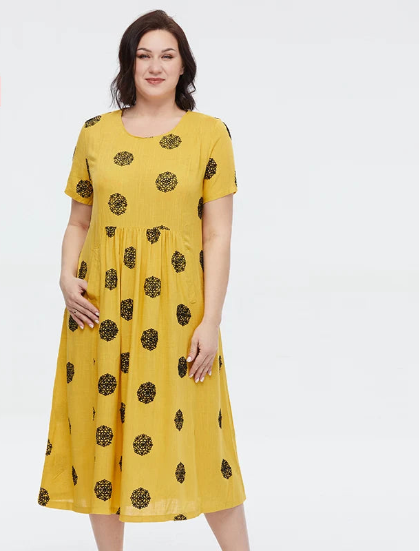 Women's Summer Elegant Cotton Oversize Office Polka Dot Embroidery Design Pocket Long Dress