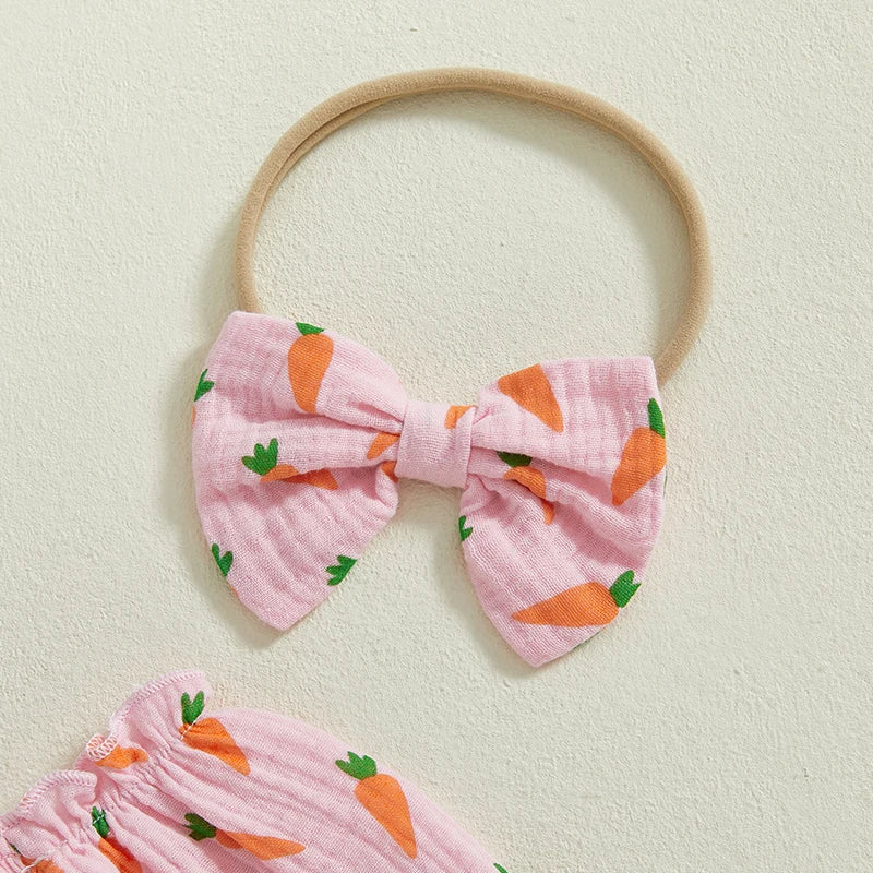 Baby Girls Easter Romper Set - Carrot Print Long Sleeve Jumpsuit with Bow Headband