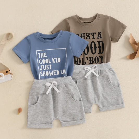 0-4Y Infant Kids Boys Casual Clothes Set Letter Print Short Sleeve Pullover T-shirts Solid Elastic Shorts