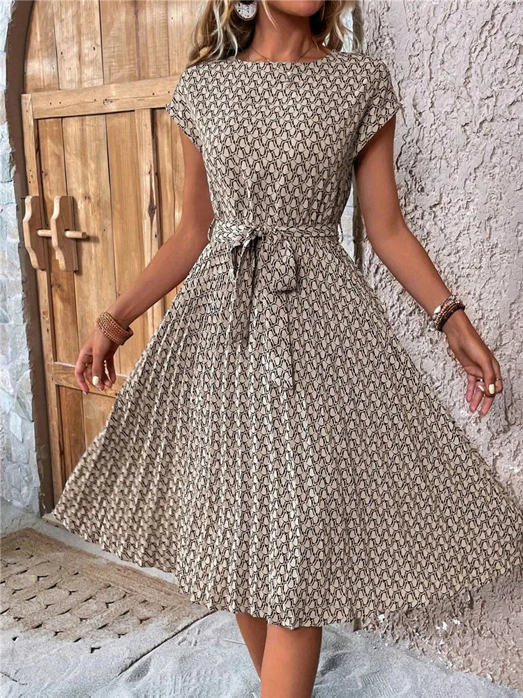 Women's Floral Pleated A Line Long Spring Summer Short Sleeve High Waist Chic Dress