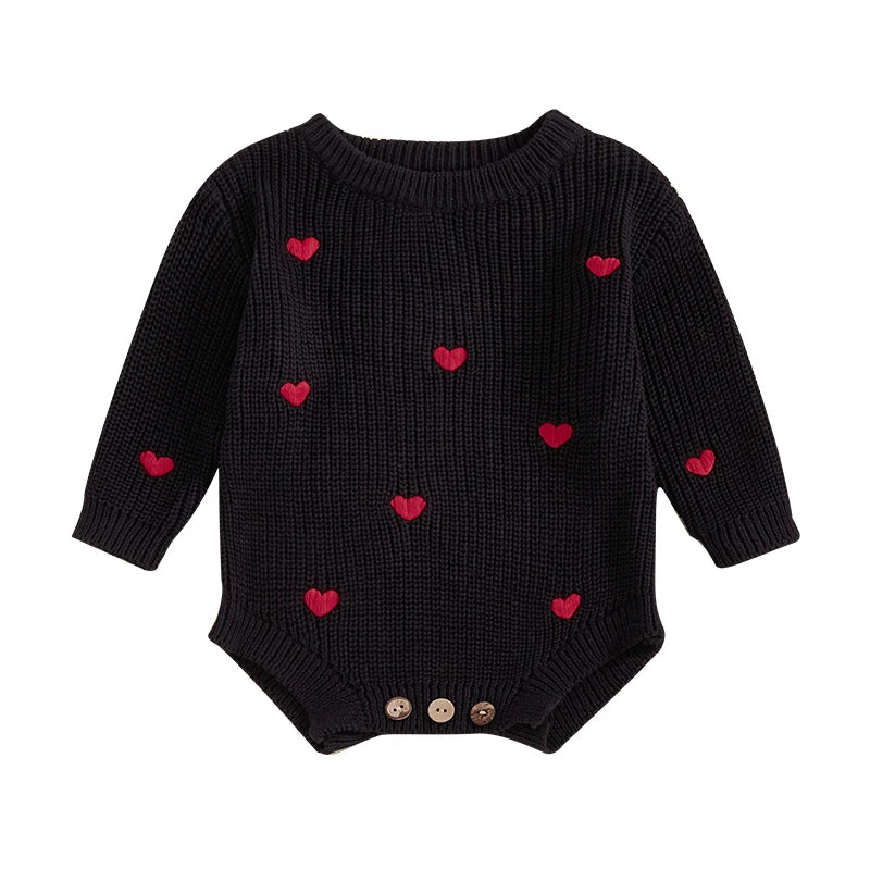 Newborn Baby Girl's Sweater Romper - Heart Knit Long Sleeve Jumpsuit for Valentine's