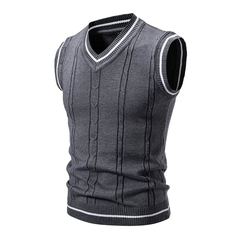 Men's V-Neck Knit Vest - Slim Fit Sleeveless Patchwork Sweater Vest for Autumn Winter