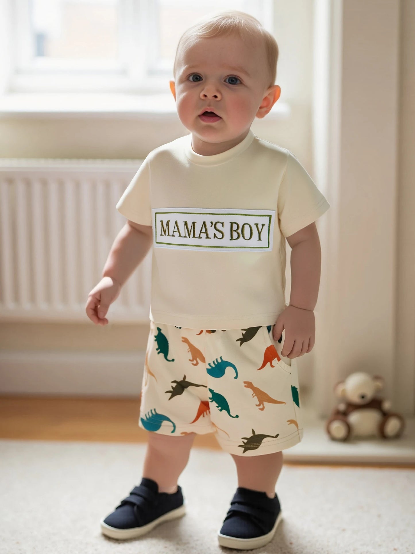 0-3Y Casual Baby Boys Summer Clothes Sets Letter Embroidery Short Sleeves T-Shirt and Dinosaur Print Shorts Set