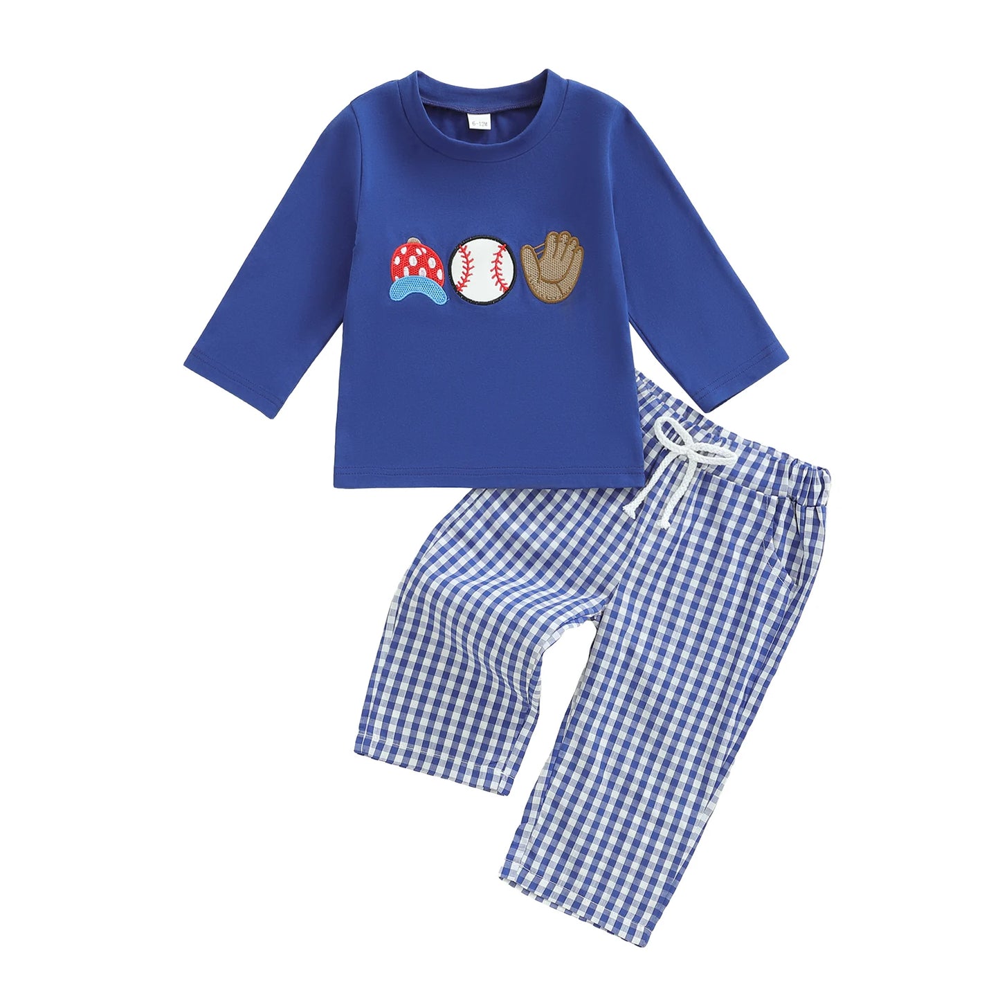 Autumn Winter Baby Boys Clothing Set - Baseball Embroidery Sweatshirt & Plaid Pants