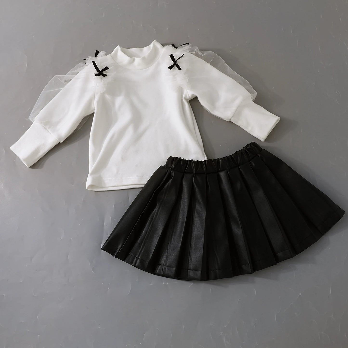 Toddler Kids Girls Fall Clothes Set - Mesh Bow Mock Neck Long Sleeve Top & Pleated Skirt