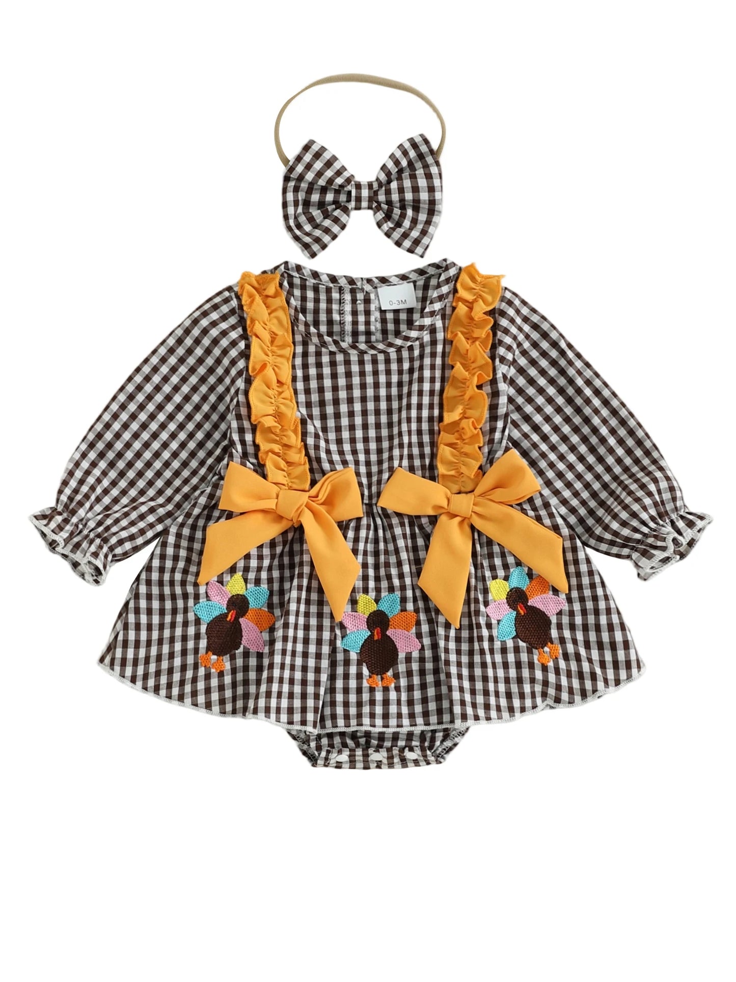 Baby Girls Thanksgiving Romper Dress with Headband - Turkey Plaid Ruffle Long Sleeve Jumpsuit