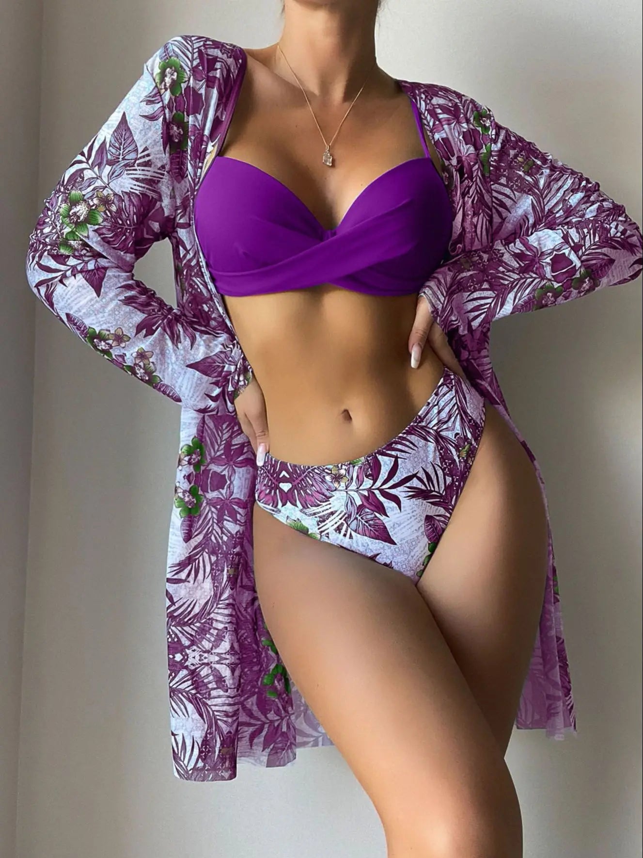 Women's Print Beach Cover Up And Bikini Set Swimwear Hollow Out Swimsuit High Waist Three Piece Beachwear