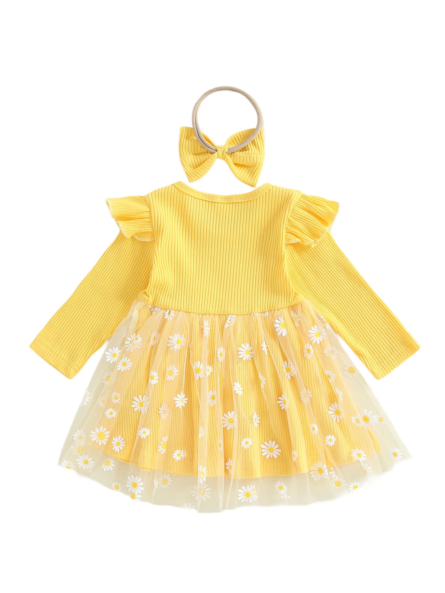 Lovely Baby Girls Fall Winter Dress - Sunflowers Print Tulle Dress with Headband (0-3Y)