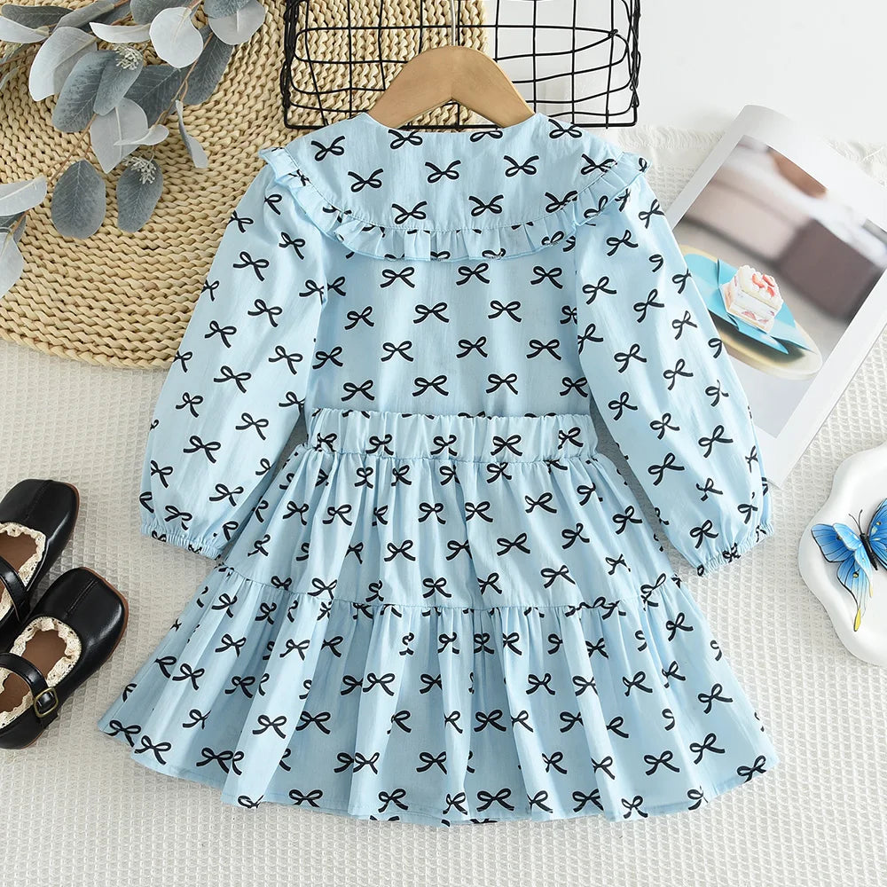 Girl's 2-6 Year Old Bow Print Long Sleeved Lapel Shirt and Skirt Two-piece Set