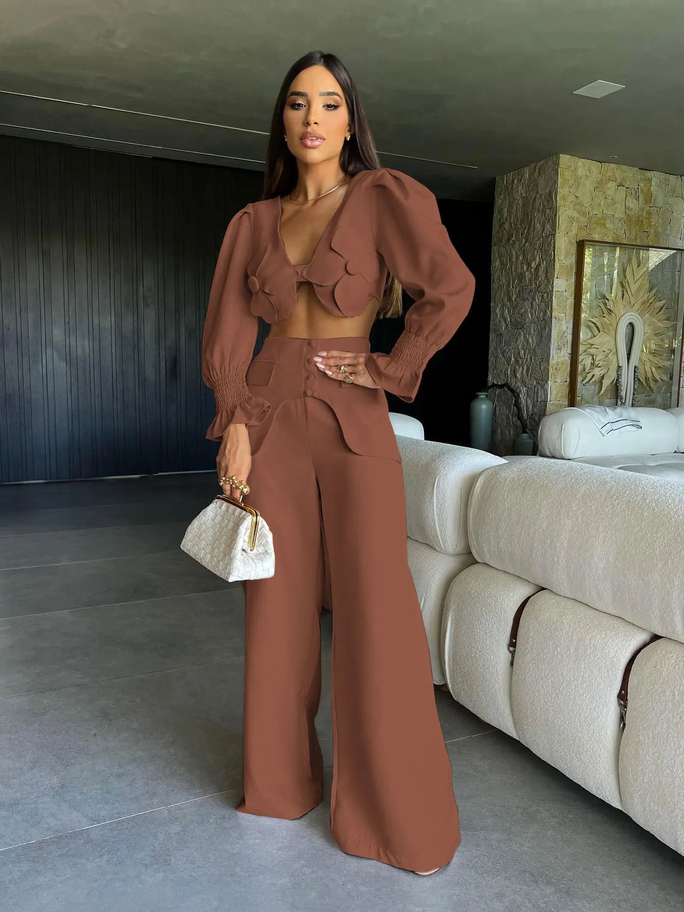 Women's Two Piece Set With Pants Summer Long Sleeve Short Top Wide Leg Pants Set