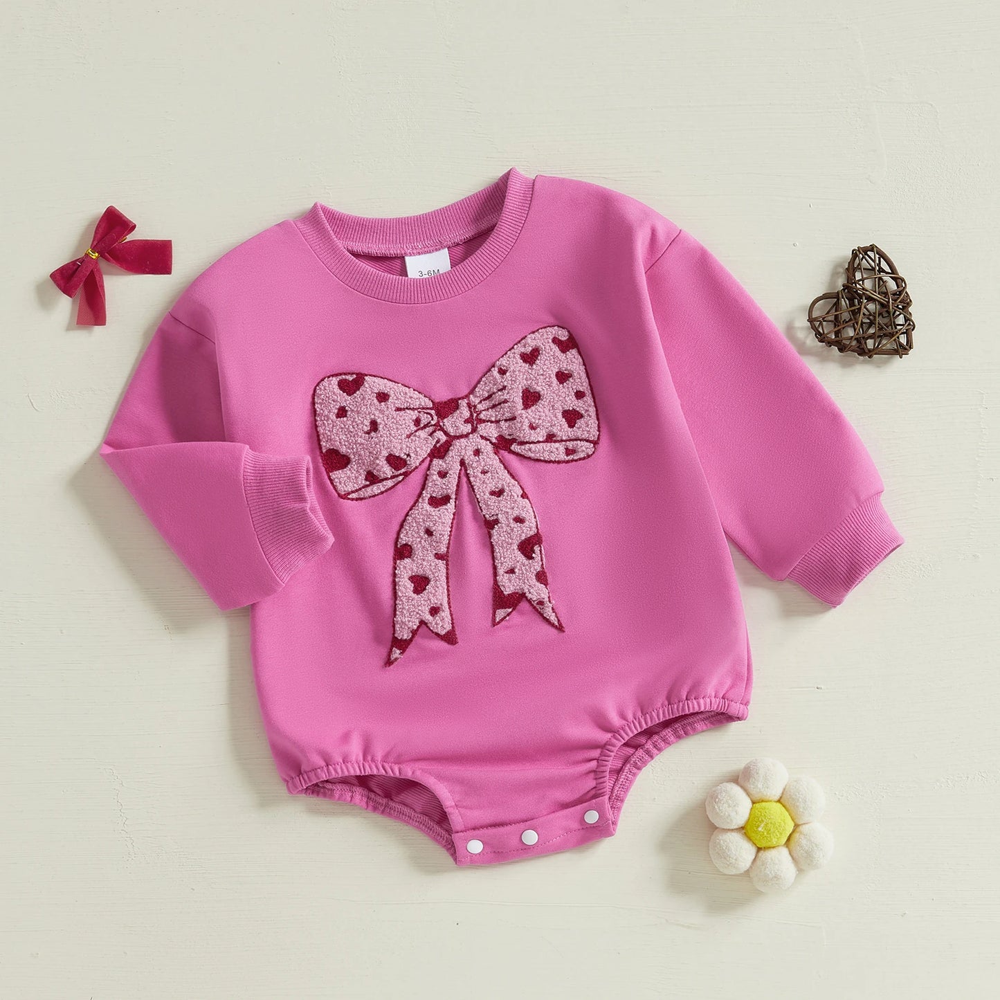 Children's 0-18M Baby Girls Bubble Romper Heart Bow Embroidery Long Sleeve Sweatshirt Jumpsuit