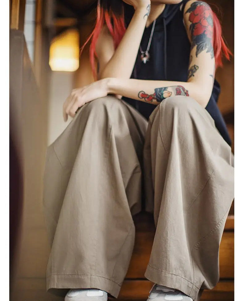 Women's Wide Leg Cargo Trousers - Khaki Elastic Waist Pocket Pants