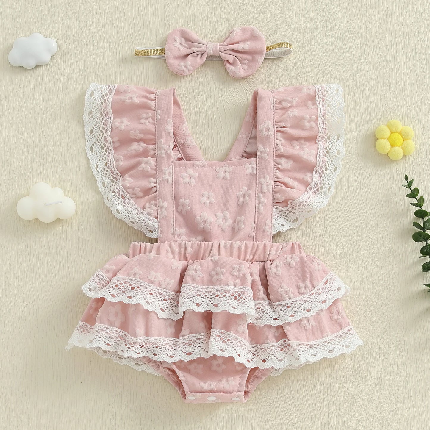 Baby Girls Summer Romper Dress - Flying Sleeve Square Neck Floral Print with Bow Headband (0-18M)