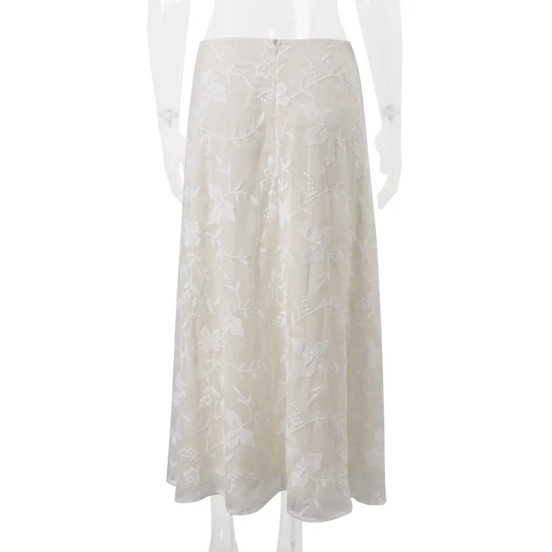 White Jacquard Maxi Skirt - Elegant Low Rise Y2K Summer Skirt
