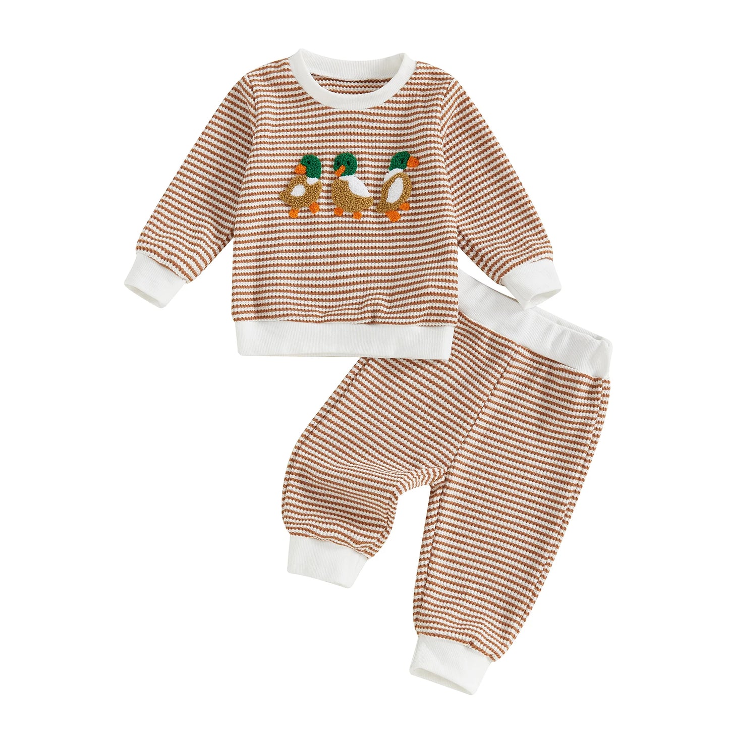 Baby Boy's Outfit Set - Duck/Truck Embroidered Striped Sweatshirt & Pants