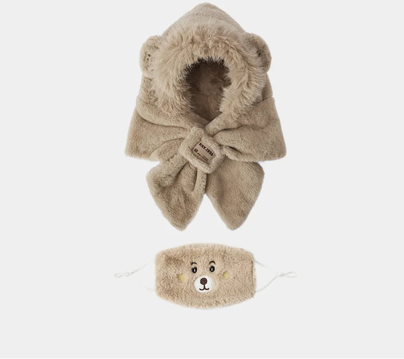 Cute Bear Hooded Scarf and Mask Set - Plush Warm Winter Accessory