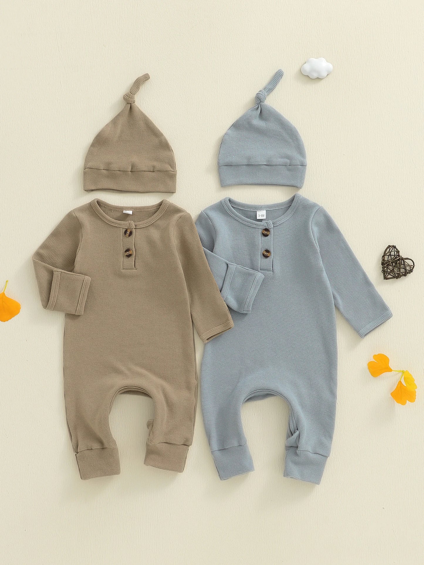 Newborn Baby Fall Winter Romper - Long Sleeve Solid Jumpsuit with Hat (0-6M)