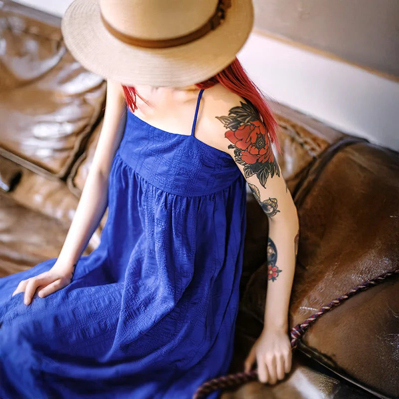 Women's Blue Seersucker Sleeveless A-Line Beach Dress - Summer Vacation Strappy Slip Dress