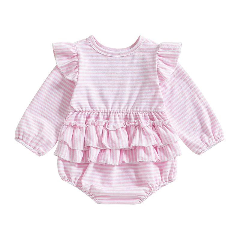 Baby Girls' Easter Spring Romper - Rabbit Embroidery Long Sleeve Striped Jumpsuit
