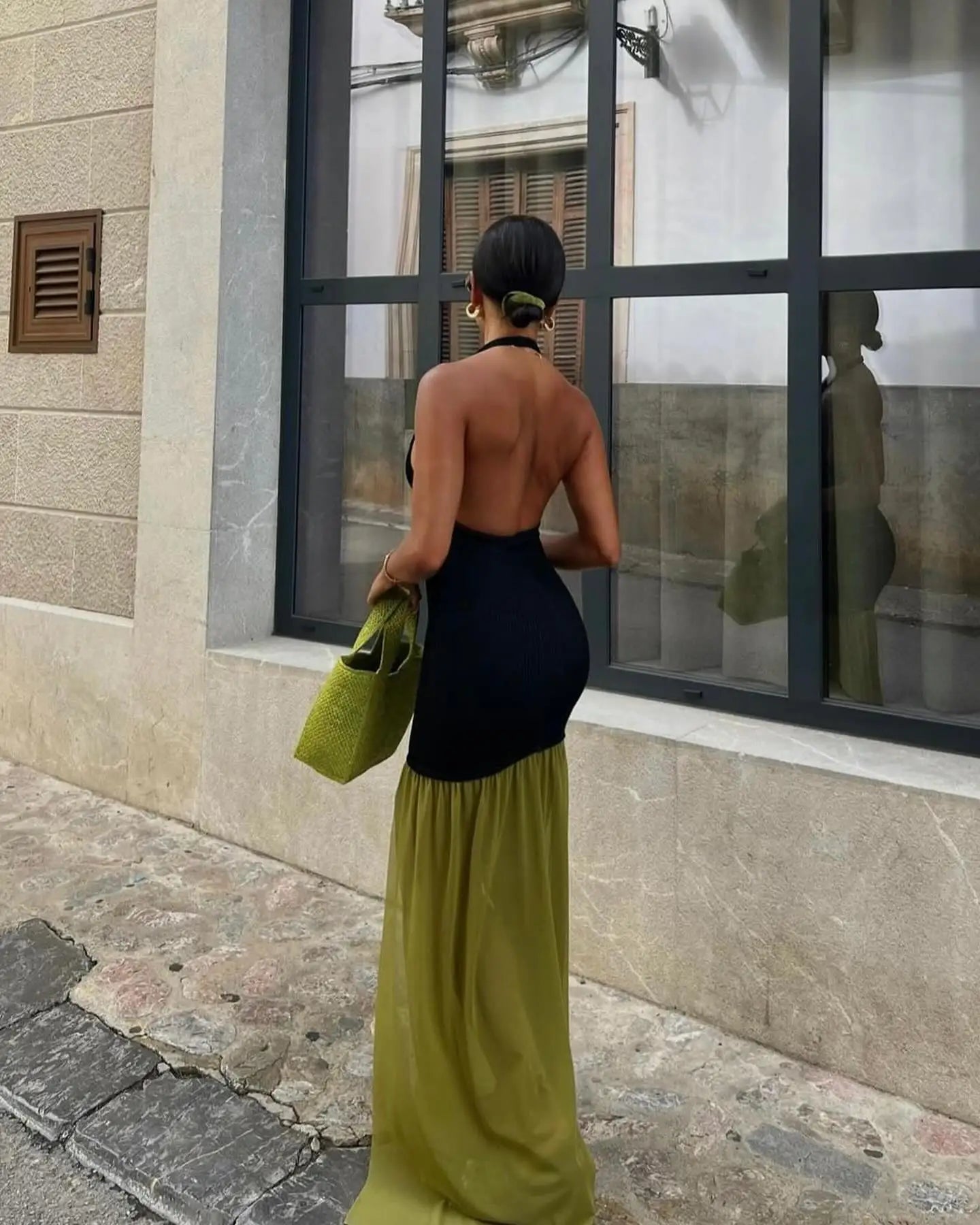 Women’s Chiffon Metallic Ruched Patchwork Cut Out V Neck Backless Halter Casual Column Sleeveless Summer Dress