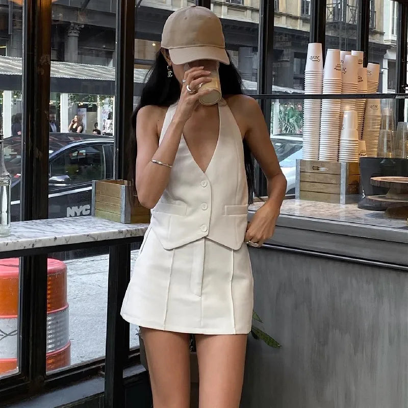 Women's Halter Deep V Cute Co-ord Set Elegant Outfits Single Breasted Waistcoat Top and Skirt 2 Piece Set