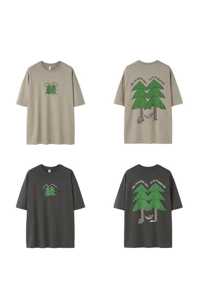 Unisex 265G Pine Tree Puff Print Heavyweight oversize Casual Pure Cotton Short Sleeve T-Shirt