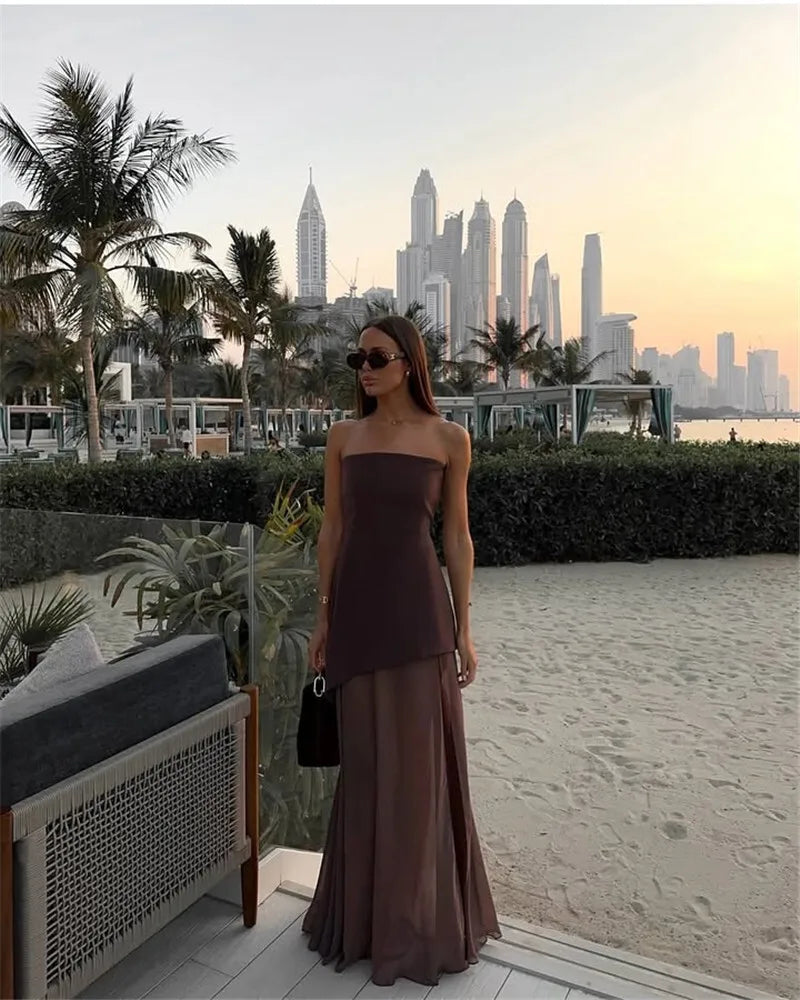 Women's Elegant Strapless Maxi Gown With Scarf Off-shoulder Sleeveless Backless Split Beach Long Dress