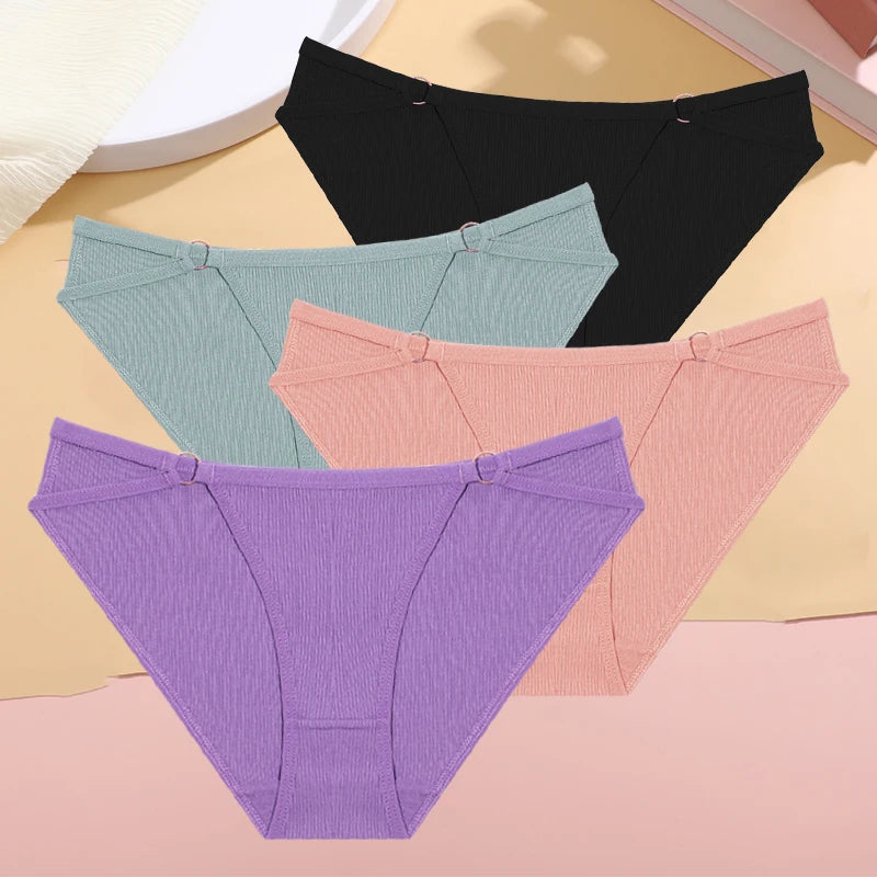 Women's 4Pcs/Set Cotton Double Belts Underwear Metal Ring Panties Low Waist Striped Briefs Breathable Lingerie