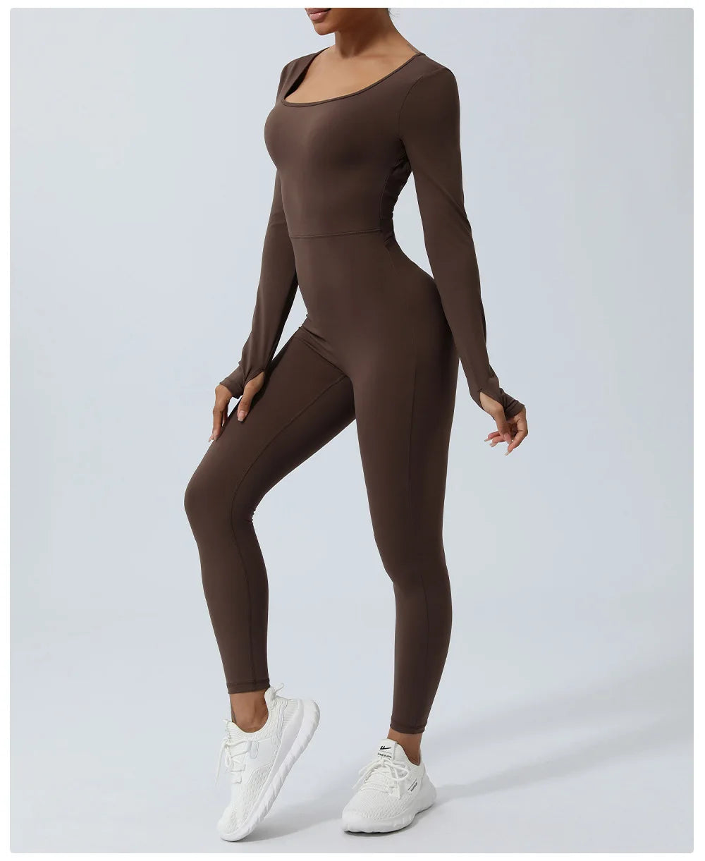 Women's Long Sleeve Gym Jumpsuit - One Piece Yoga Openwork Back Workout Breathable Sportswear