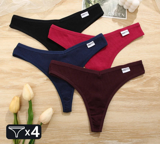 Women's  4Pcs Cotton Striped Solid Underwear V Waist G-string Panties Comfortable Soft T-back Bikini