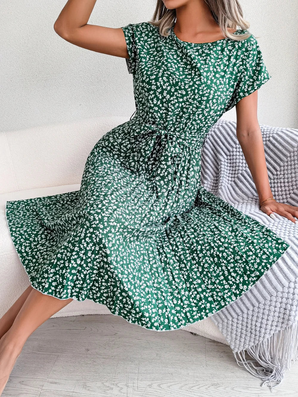 Women's Floral Pleated A Line Long Spring Summer Short Sleeve High Waist Chic Dress