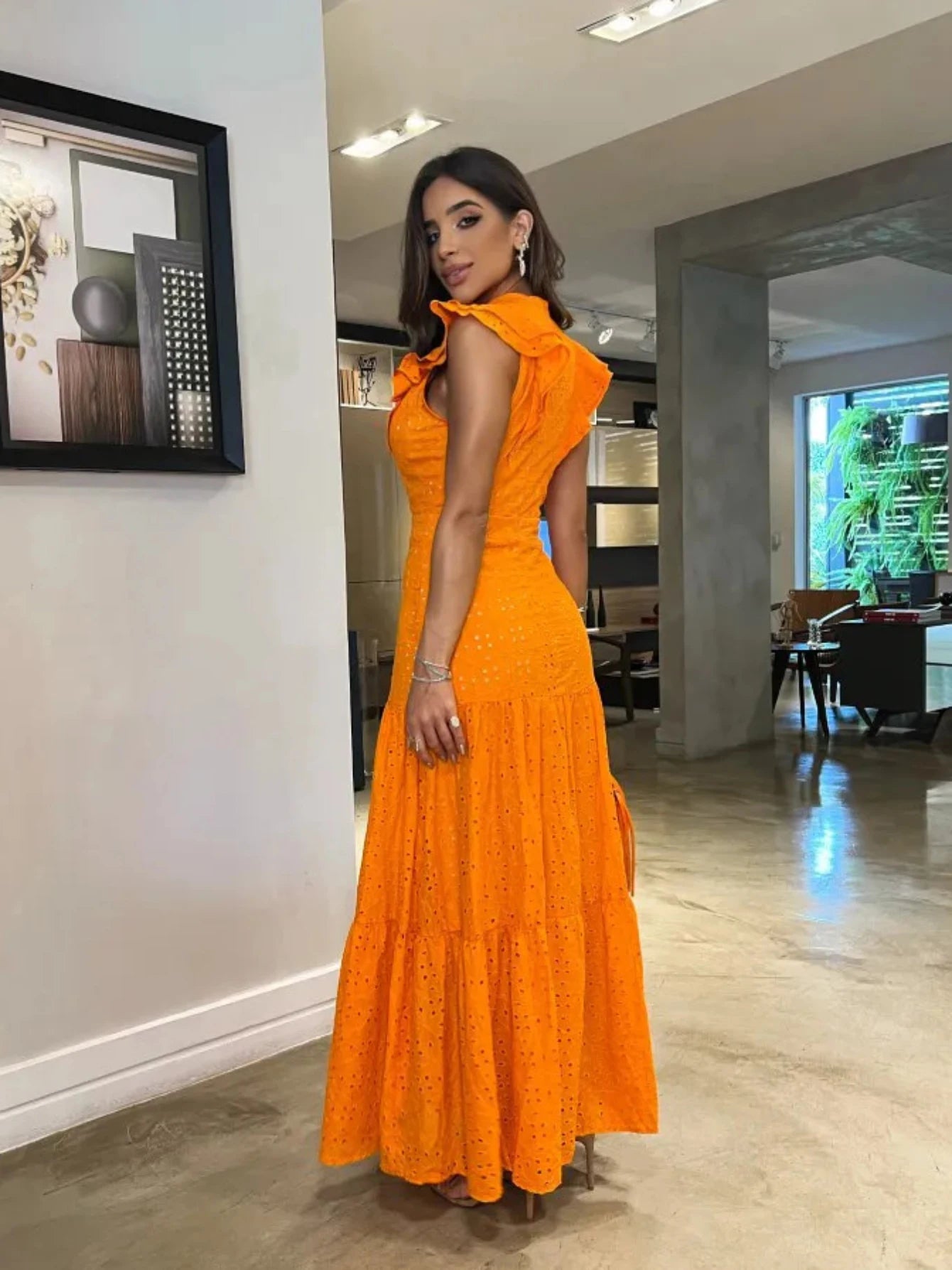 Women's Bohemian Hollow Out Elegant Round Neck Flying Sleeve Button Long Summer Dress