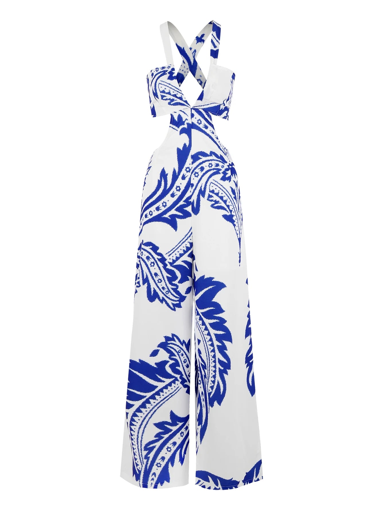 Women's Halter Sleeveless V-neck Waist Wide Leg Long Jumpsuit