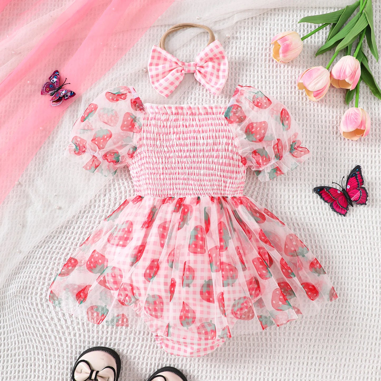 Fruit Embroidered Romper Dress with Headband - Baby Girls (0-18M)