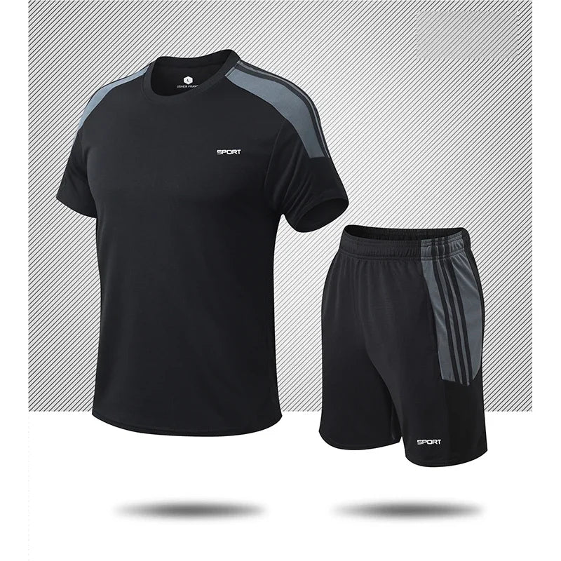 Men's Gym Suit Running Dry Fit Sports Jersey Basketball Breathable Short Sleeve Outdoor Football 2pcs Set