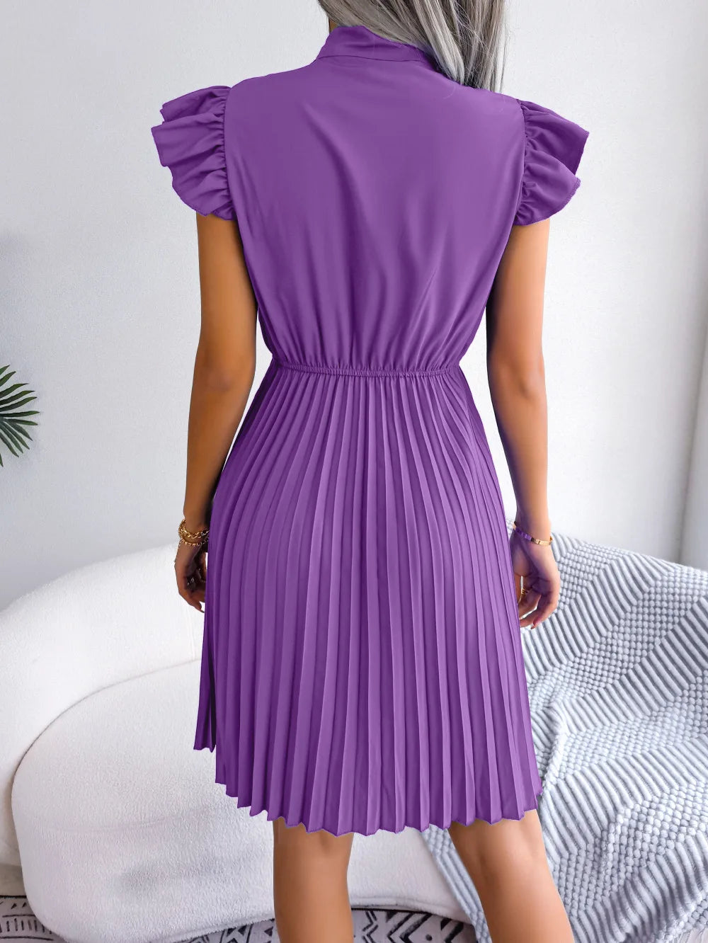 Women's Spring Summer Elegant Lace Up High Waist Large Fold Bow Collar Pleated Dress