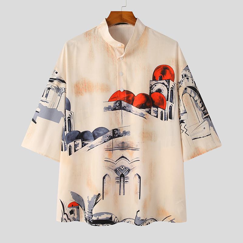 Men's Loose Stand Collar Half Sleeve Shirt and Elastic Waist Pants 2Pcs Causal Suit S-5XL