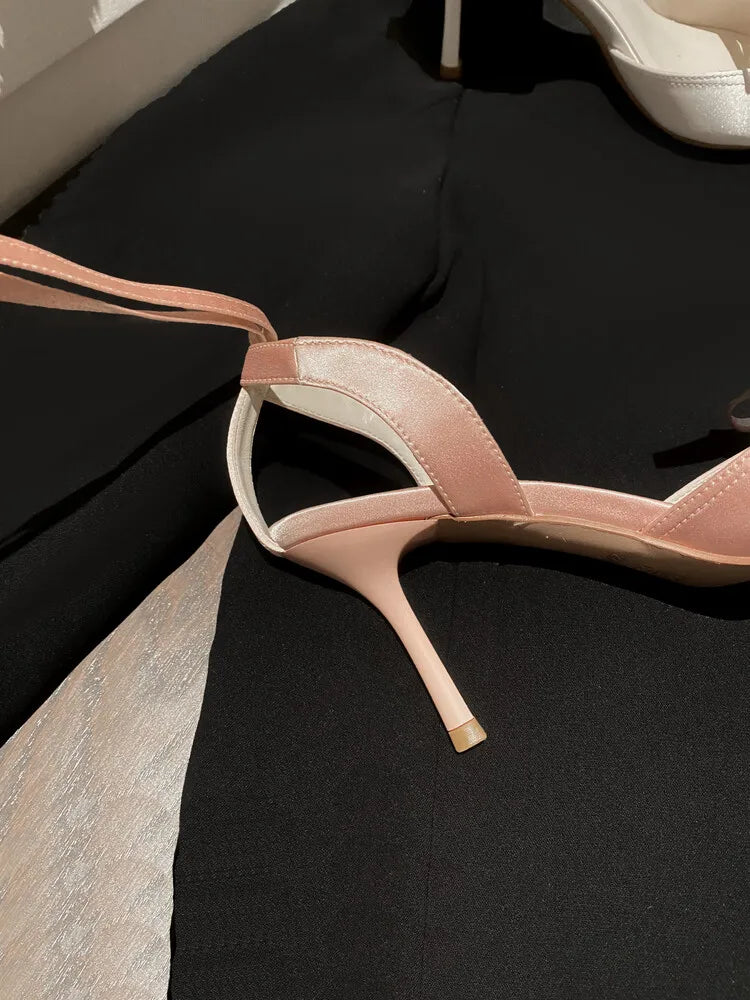 Women's Satin High Heel Sandals Strap 7cm Heel Sandals Bow Pointed Shoes