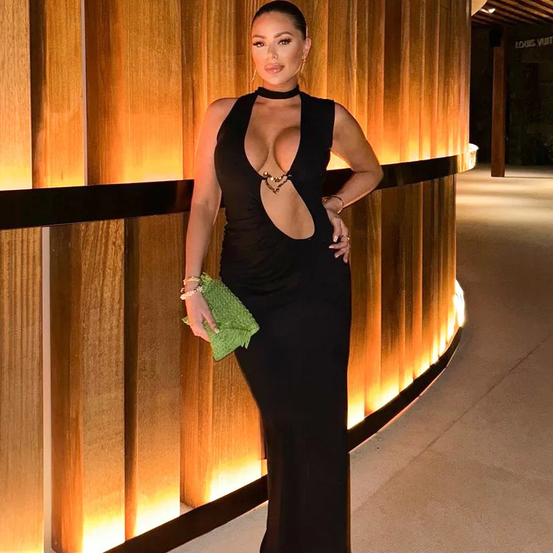Women's Embellished Plunge Halter V Neck Maxi Outfit Club Party Cut Out Bodycon Dress