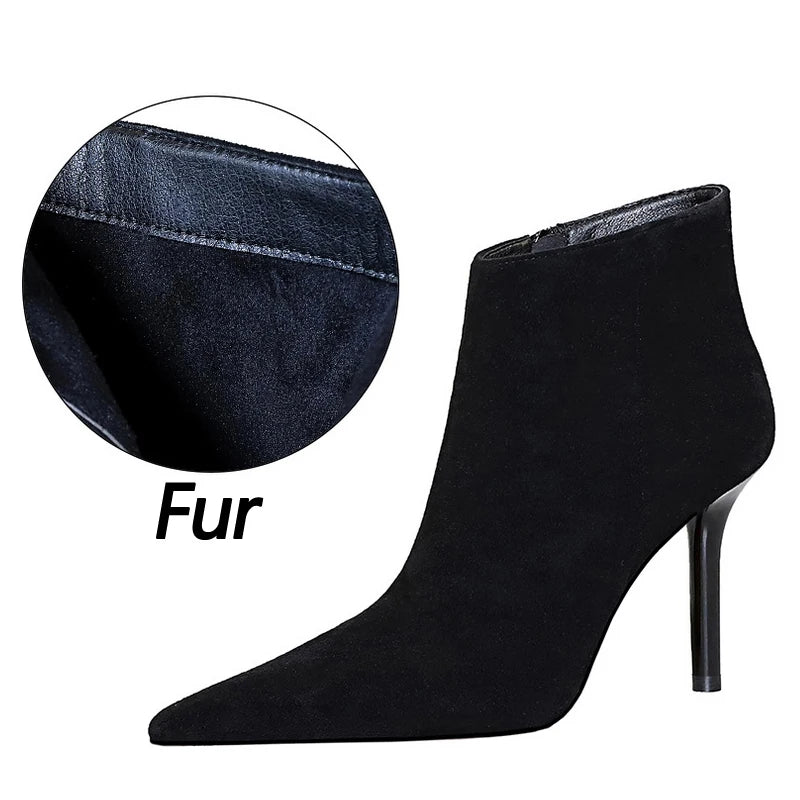 Black Suede Ankle Boots - Pointed Toe Stiletto Heels with Side Zipper