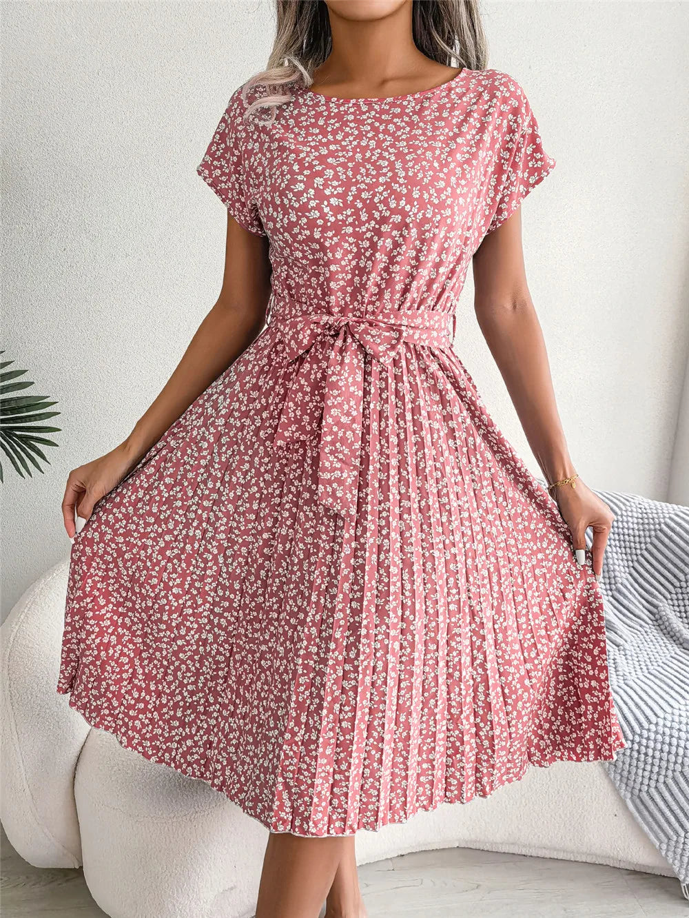 Women's Floral Pleated A Line Long Spring Summer Short Sleeve High Waist Chic Dress