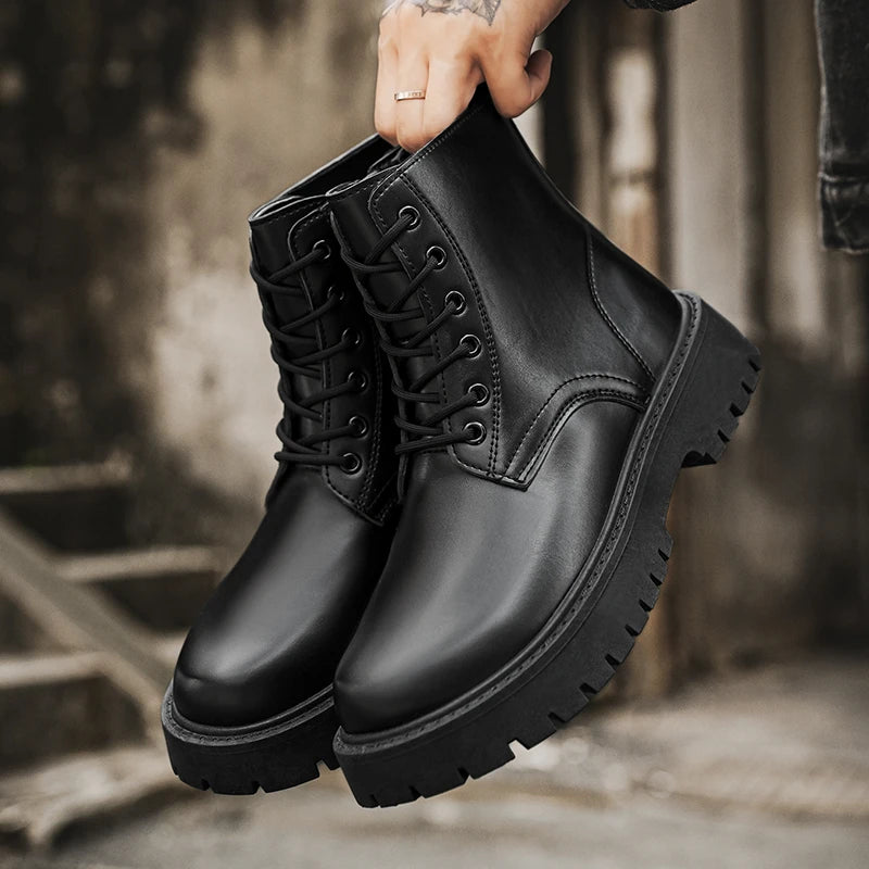 Men's Leather Platform Boots - Thick Sole Motorcycle Sneaker Boots