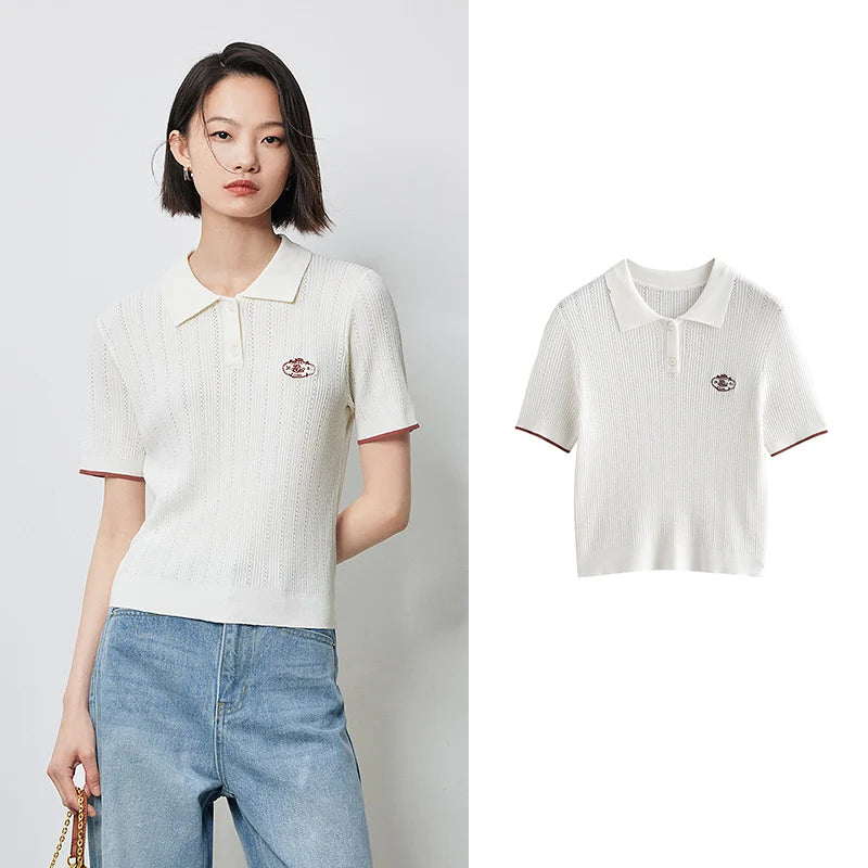 Women's Knitwear Contrast Color Hollow Out Polo Neck Short Sleeve Shirt