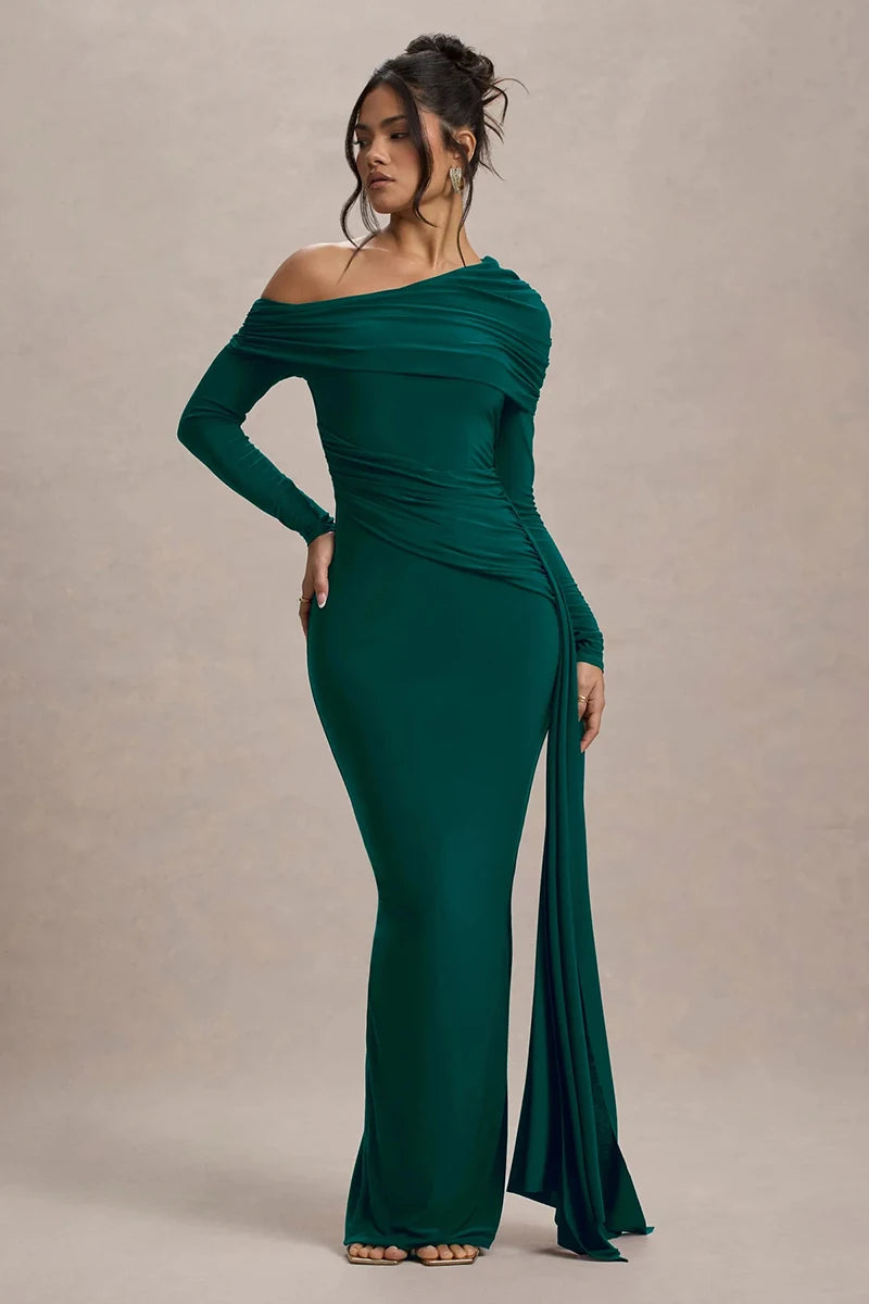Women's Skew Collar Long Sleeve Maxi Backless Draped Ruched Bodycon Long Dress